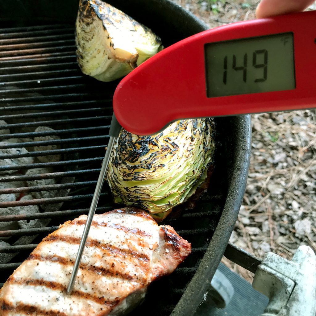 Sear your pork cutlets and move away from heat for about 20 minutes, or until an internal temperature of 145 degrees.