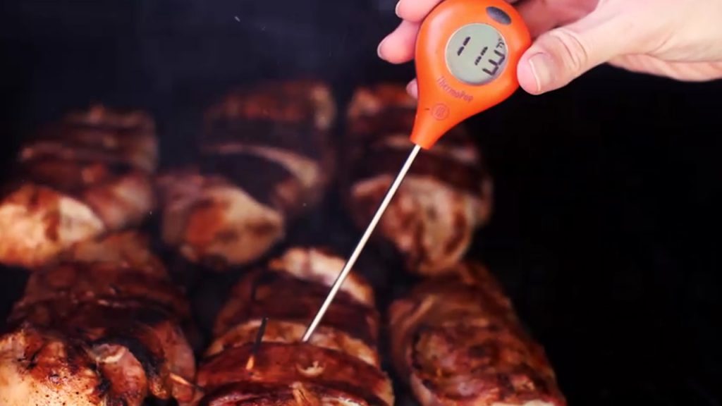 Use a Thermoworks ThermoPop to check the temperature of the chicken breasts. Once the internal temperature reaches 150 degrees Fahrenheit, remove from grill.