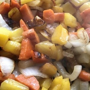 Whole30-compliant vegetables seared in a FireDisc Shallow 24 for fried rice.