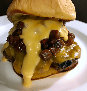 The SBQue Burger is a combination of all of my favorite things in one burger: BbQ, Bacon, Beer & Cheese.