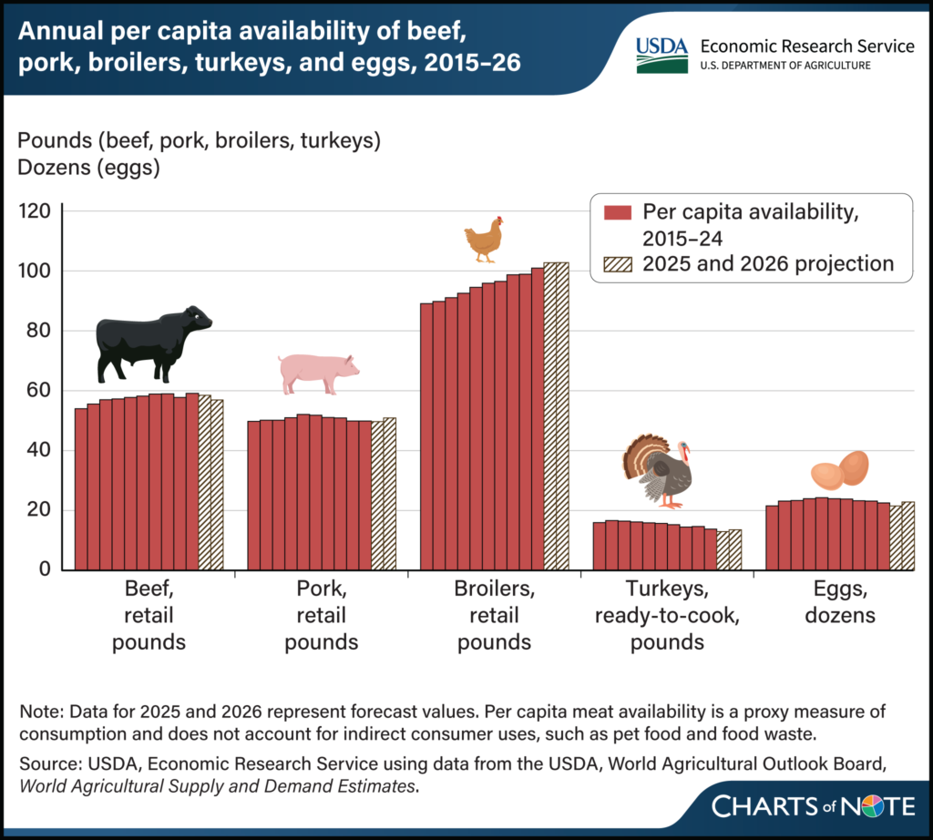 Chart to show per capita availability of beef, pork, poultry and eggs.